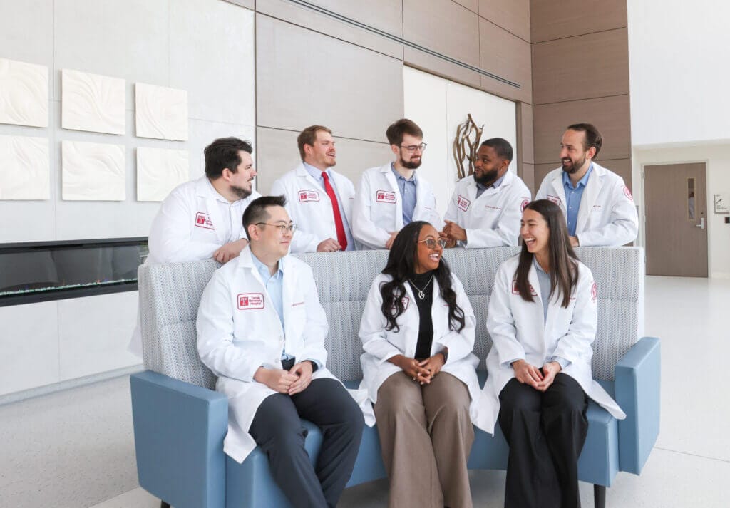 Group of Temple PM&R residents pose for a photo in the lobby of Good Shepherd Rehabilitation Hospital in Center Valley, Pa.
